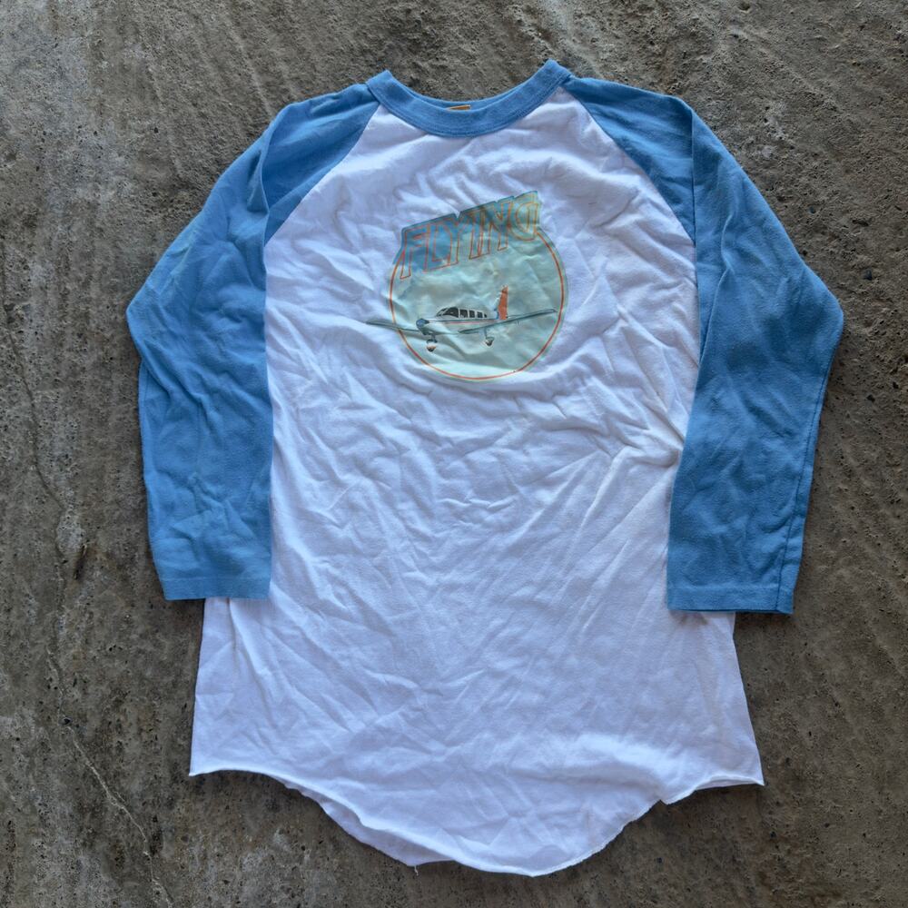 Vtg Aerial View Photography Flying Mid-Sleeve Baby Blue Shirt Hippie Men's Large